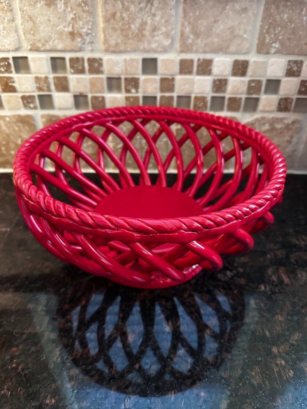 Espana Lifestyle Red Decorative Fruit Basket 10" Round Woven Metal Serving Bowl